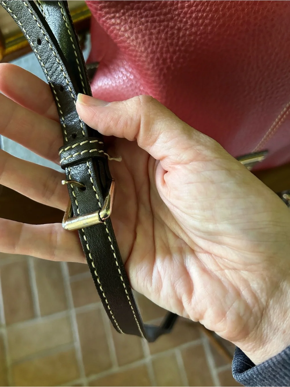 Dooney & Bourke Pebble Leather Hobo Bag in Red with Dark Brown Trim
